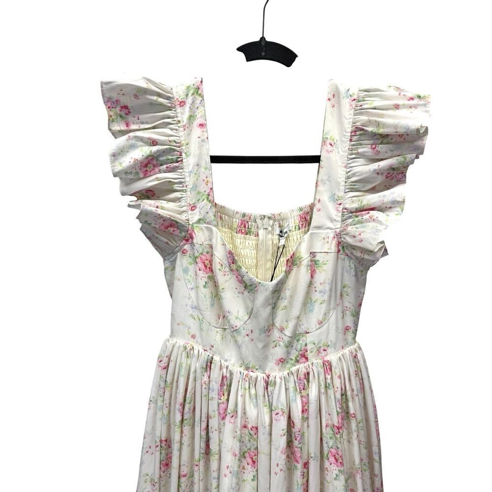 Anthropologie Cream Maxi Dress with Pink Floral Ruffle Sleeves - Picture 8 of 11
